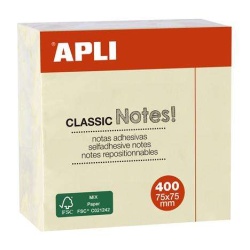Öntapadó jegyzettömb, 75×75 mm, 400 lap, APLI "Classic", sárga
